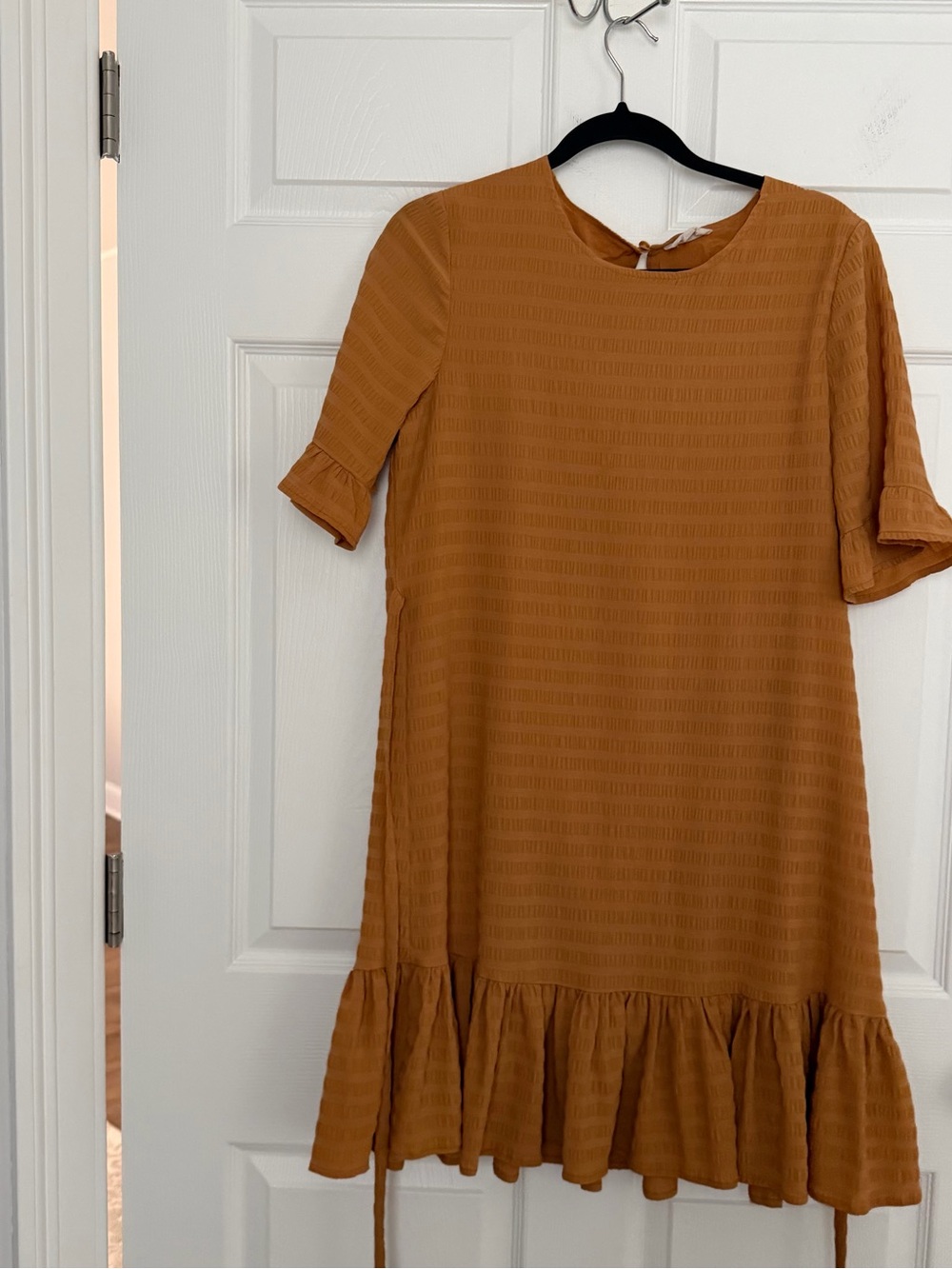 orange creek Mustard Ruffle-Trim Mini Dress
